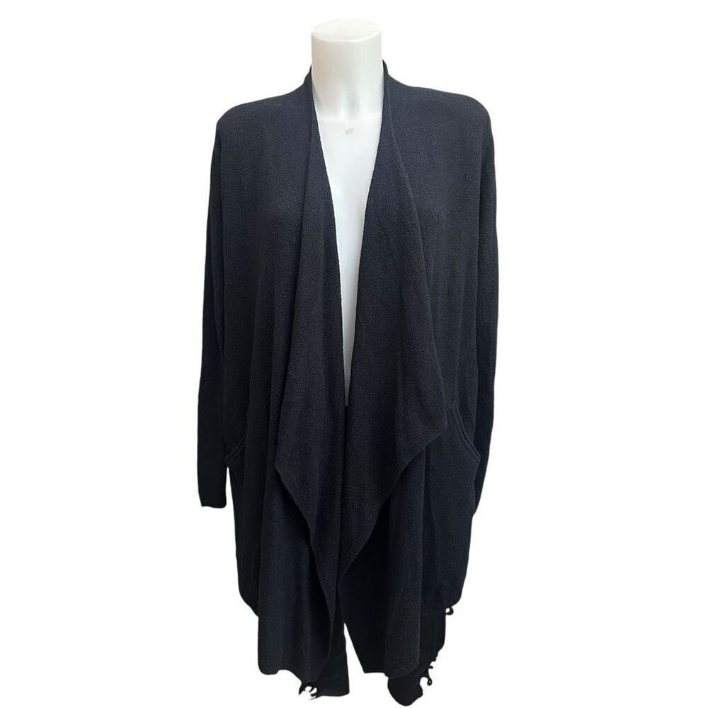 Barefoot Dreams cozy Chic Lite Black OpenFront Waterfall Fuzzy Knit Cardigan M/L